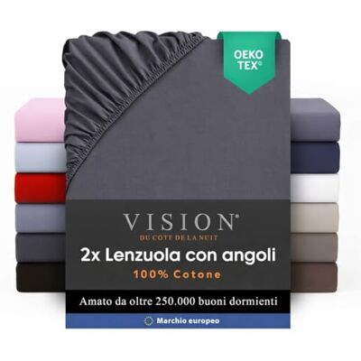 VISION Lenzuolo con angoli 100% cotone Confezione da 2 Per letto singolo (90x200 cm) Angoli elastici Adatto a materassi fino a 30 cm Oeko-Tex Lavabile in lavatrice -Colore: grigio scuro VISION Lenzuolo con angoli 100% cotone Confezione da 2 Per letto singolo (90x200 cm) Angoli elastici Adatto a materassi fino a 30 cm Oeko-Tex Lavabile in lavatrice -Colore: grigio scuro