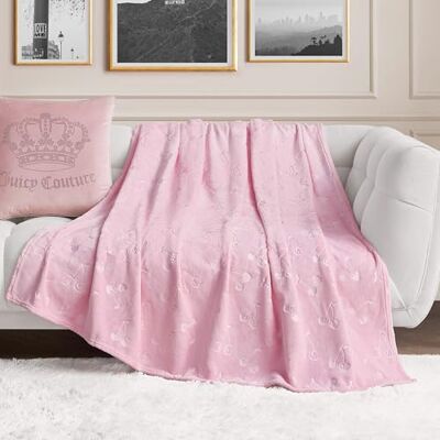 Juicy Couture Coperta oversize in peluche goffrato, 152,4 x 177,8 cm, motivo: cuori di ciliegia, rosa chiaro Juicy Couture Coperta oversize in peluche goffrato, 152,4 x 177,8 cm, motivo: cuori di ciliegia, rosa chiaro