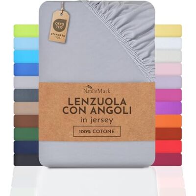 NatureMark Lenzuolo con angoli elasticizzati in jersey, in 100% cotone, in molti colori e misure, conforme all’Oeko-Tex Standard 100, 180 x 200 cm 200 x 200 cm, Grigio argento NatureMark Lenzuolo con angoli elasticizzati in jersey, in 100% cotone, in molti colori e misure, conforme all’Oeko-Tex Standard 100, 180 x 200 cm 200 x 200 cm, Grigio argento