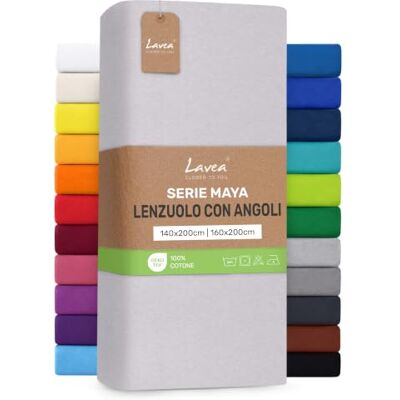 Lavea ® Lenzuolo con Angoli Una Piazza e Mezza Francese 140x200 cm 100% Cotone Morbido e Traspirante per Materassi alti fino a 20 cm con Elastico in Jersey Argento Lavea ® Lenzuolo con Angoli Una Piazza e Mezza Francese 140x200 cm 100% Cotone Morbido e Traspirante per Materassi alti fino a 20 cm con Elastico in Jersey Argento