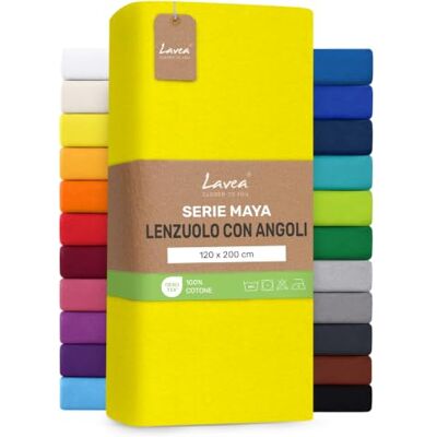 Lavea ® Lenzuolo con Angoli Una Piazza e Mezza 120x200 cm 100% Cotone Morbido e Traspirante per Materassi alti fino a 20 cm con Elastico in Jersey Giallo sole Lavea ® Lenzuolo con Angoli Una Piazza e Mezza 120x200 cm 100% Cotone Morbido e Traspirante per Materassi alti fino a 20 cm con Elastico in Jersey Giallo sole