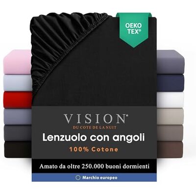 VISION Lenzuolo con angoli 100% cotone Letto matrimoniale (200 x 200 cm) Angoli elasticizzati Adatto a materassi fino a 30 cm Certificato Oeko-Tex Lavabile in lavatrice Colore: nero VISION Lenzuolo con angoli 100% cotone Letto matrimoniale (200 x 200 cm) Angoli elasticizzati Adatto a materassi fino a 30 cm Certificato Oeko-Tex Lavabile in lavatrice Colore: nero