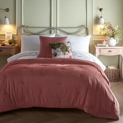 Appletree Heritage Copriletto in velluto rosa, 100% poliestere, 150 x 220 cm, trapuntato, tinta unita, con retro floreale Appletree Heritage Copriletto in velluto rosa, 100% poliestere, 150 x 220 cm, trapuntato, tinta unita, con retro floreale