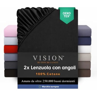 VISION Lenzuolo con angoli, 100% cotone, letto singolo (90 x 200 cm), set di 2 pezzi, nero, angoli elastici, tessitura stretta: 57 fili, adatto a materassi fino a 30 cm, confortevole Oeko-tex VISION Lenzuolo con angoli, 100% cotone, letto singolo (90 x 200 cm), set di 2 pezzi, nero, angoli elastici, tessitura stretta: 57 fili, adatto a materassi fino a 30 cm, confortevole Oeko-tex