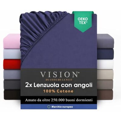 VISION Lenzuolo con angoli 100% cotone Confezione da 2 per letto singolo (90 x 200 cm) Angoli elastici Adatto a materassi fino a 30 cm Oeko-Tex Lavabile in lavatrice Colore: blu navy VISION Lenzuolo con angoli 100% cotone Confezione da 2 per letto singolo (90 x 200 cm) Angoli elastici Adatto a materassi fino a 30 cm Oeko-Tex Lavabile in lavatrice Colore: blu navy