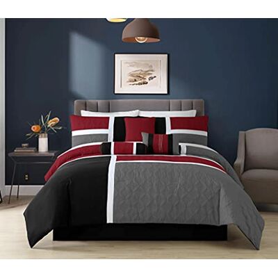 Chezmoi Collection Set copripiumino trapuntato patchwork, 7 pezzi, colore: rosso/grigio/nero, per letto California king Chezmoi Collection Set copripiumino trapuntato patchwork, 7 pezzi, colore: rosso/grigio/nero, per letto California king