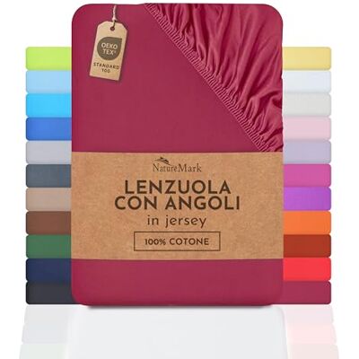 NatureMark Lenzuolo con angoli elasticizzati in jersey, in 100% cotone, in molti colori e misure, conforme all’Oeko-Tex Standard 100, 200 x 220 cm + 40 Steg Bordeaux rosso NatureMark Lenzuolo con angoli elasticizzati in jersey, in 100% cotone, in molti colori e misure, conforme all’Oeko-Tex Standard 100, 200 x 220 cm + 40 Steg Bordeaux rosso