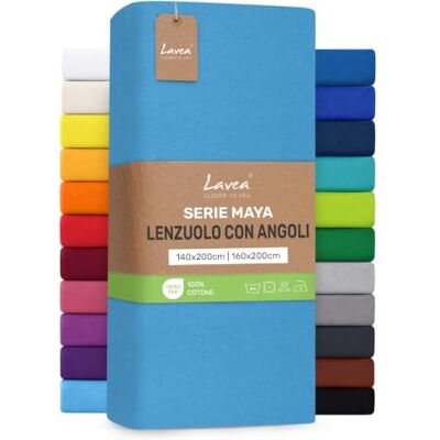 Lavea ® Lenzuolo con Angoli Una Piazza e Mezza Francese 140x200 cm 100% Cotone Morbido e Traspirante per Materassi alti fino a 20 cm con Elastico in Jersey Azzurro cielo Lavea ® Lenzuolo con Angoli Una Piazza e Mezza Francese 140x200 cm 100% Cotone Morbido e Traspirante per Materassi alti fino a 20 cm con Elastico in Jersey Azzurro cielo