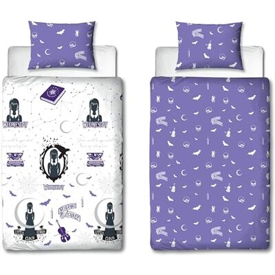 Character World Wednesday Set copripiumino per letto singolo, design destinato, reversibile, 2 lati, prodotto ufficiale, con federa coordinata, trapunta per letto singolo viola e bianco Character World Wednesday Set copripiumino per letto singolo, design destinato, reversibile, 2 lati, prodotto ufficiale, con federa coordinata, trapunta per letto singolo viola e bianco