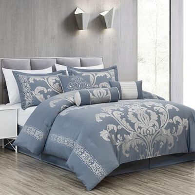 Chezmoi Collection Royale Set copripiumino in tessuto jacquard, motivo floreale, 7 pezzi, per letto king size, colore: grigio blu/grigio Chezmoi Collection Royale Set copripiumino in tessuto jacquard, motivo floreale, 7 pezzi, per letto king size, colore: grigio blu/grigio