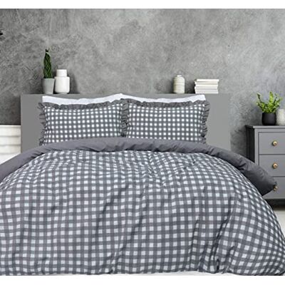 Sleepdown Set copripiumino reversibile, motivo in tinta unita a quadretti, morbido e facile da pulire, con federa con bordo increspato, per letto singolo, 135 cm x 200 cm, colore grigio Sleepdown Set copripiumino reversibile, motivo in tinta unita a quadretti, morbido e facile da pulire, con federa con bordo increspato, per letto singolo, 135 cm x 200 cm, colore grigio