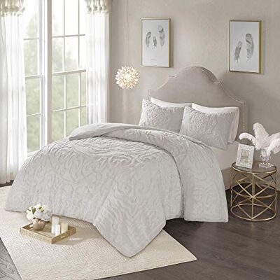 Madison Park Laetitia, set copripiumino in 100% cotone, motivo medaglione trapuntato, per tutte le stagioni, copripiumino shabby chic, con motivo floreale, colore: grigio Madison Park Laetitia, set copripiumino in 100% cotone, motivo medaglione trapuntato, per tutte le stagioni, copripiumino shabby chic, con motivo floreale, colore: grigio