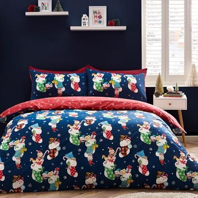 Catherine Lansfield Set copripiumino doppio con cuscino, motivo: elfi di Natale, in ricco cotone, colore: blu navy Catherine Lansfield Set copripiumino doppio con cuscino, motivo: elfi di Natale, in ricco cotone, colore: blu navy