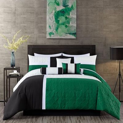 Chezmoi Collection Upland Set copripiumino trapuntato patchwork, 7 pezzi, colore: verde/nero/bianco panna, per letto king oversize Chezmoi Collection Upland Set copripiumino trapuntato patchwork, 7 pezzi, colore: verde/nero/bianco panna, per letto king oversize