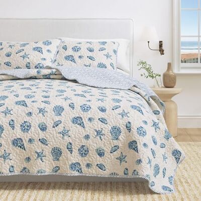 Great Bay Home Set di biancheria da letto King Size Piumino estivo in stile spiaggia con federe, 3 pezzi, copriletto double-face, copriletto trapuntato leggero e marino, collezione Bali, blu Great Bay Home Set di biancheria da letto King Size Piumino estivo in stile spiaggia con federe, 3 pezzi, copriletto double-face, copriletto trapuntato leggero e marino, collezione Bali, blu