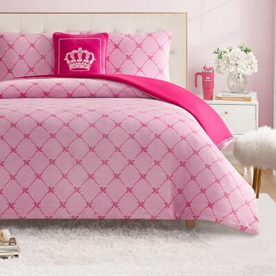 Juicy Couture Set copripiumino reversibile in peluche, 4 pezzi, per letto matrimoniale/matrimoniale, con cuscino decorativo, rosa Juicy Couture Set copripiumino reversibile in peluche, 4 pezzi, per letto matrimoniale/matrimoniale, con cuscino decorativo, rosa
