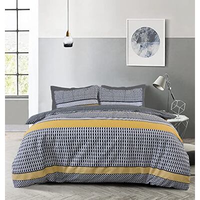 Sleepdown Set di biancheria da letto con copripiumino reversibile a righe geometriche astratte, nero, grigio, ocra, morbido, facile da pulire, per letto singolo (135 x 200 cm) Sleepdown Set di biancheria da letto con copripiumino reversibile a righe geometriche astratte, nero, grigio, ocra, morbido, facile da pulire, per letto singolo (135 x 200 cm)