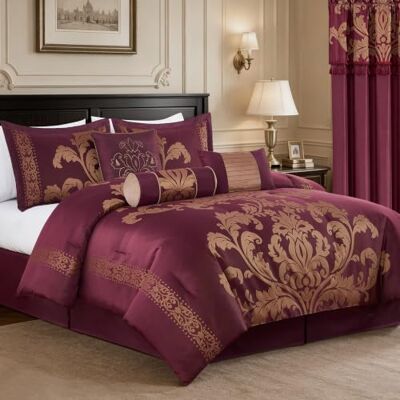 Chezmoi Collection Set copripiumino floreale jacquard da 7 pezzi (California king size, color granata) Chezmoi Collection Set copripiumino floreale jacquard da 7 pezzi (California king size, color granata)