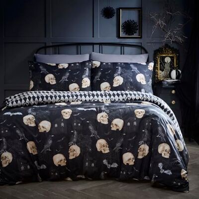 Fusion Set copripiumino per Halloween con teschi gotici, per letto singolo, 140 x 200 cm, in policotone, facile da pulire, con stampa di teschi, include 1 federa Fusion Set copripiumino per Halloween con teschi gotici, per letto singolo, 140 x 200 cm, in policotone, facile da pulire, con stampa di teschi, include 1 federa