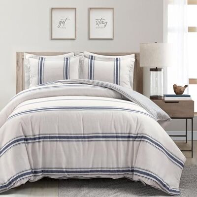 Lush Decor Set copripiumino reversibile in cotone a righe da 3 pezzi, colore blu navy Lush Decor Set copripiumino reversibile in cotone a righe da 3 pezzi, colore blu navy