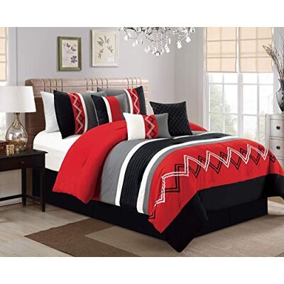 Chezmoi Collection Arden Set di biancheria da letto con motivo a zigzag ricamato, 7 pezzi, motivo a righe, colore: rosso/nero/grigio/bianco sporco Chezmoi Collection Arden Set di biancheria da letto con motivo a zigzag ricamato, 7 pezzi, motivo a righe, colore: rosso/nero/grigio/bianco sporco