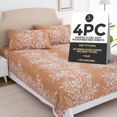 Spirit Linen home Lenzuola per letto queen size, in pura microfibra, 4 pezzi, lenzuolo con angoli e federe, per tutte le stagioni (fogliame tortora/bianco, queen size) Spirit Linen home Lenzuola per letto queen size, in pura microfibra, 4 pezzi, lenzuolo con angoli e federe, per tutte le stagioni (fogliame tortora/bianco, queen size)