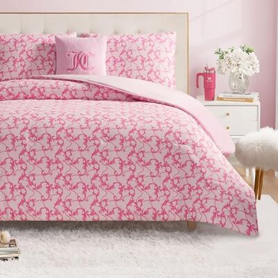 Juicy Couture Set copripiumino reversibile in peluche con leopardo gotico, 4 pezzi, completo e cuscino decorativo Juicy Couture Set copripiumino reversibile in peluche con leopardo gotico, 4 pezzi, completo e cuscino decorativo