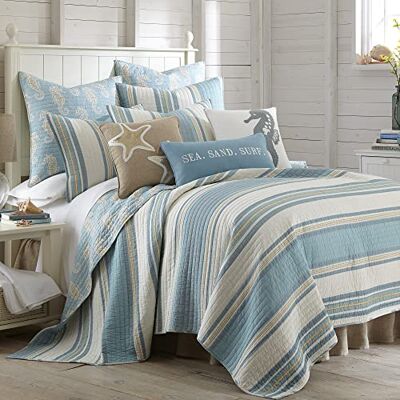 Levtex Home Blue Maui Set copripiumino king size + due federe per cuscino king size, motivo costiero a righe in azzurro, crema e marrone chiaro, dimensioni trapunta (106 x 92), dimensioni federa (36 Levtex Home Blue Maui Set copripiumino king size + due federe per cuscino king size, motivo costiero a righe in azzurro, crema e marrone chiaro, dimensioni trapunta (106 x 92), dimensioni federa (36