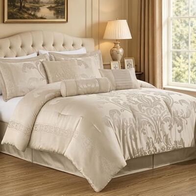 Chezmoi Collection Royale Set copripiumino floreale jacquard da 7 pezzi, per letto king extralarge, colore: champagne Chezmoi Collection Royale Set copripiumino floreale jacquard da 7 pezzi, per letto king extralarge, colore: champagne