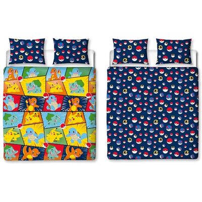 Character World Set copripiumino matrimoniale ufficiale Pokemon, design retrò, reversibile, blu, con Pikachu, Squirtle, Charmander, prodotto ufficiale, con federe coordinate Character World Set copripiumino matrimoniale ufficiale Pokemon, design retrò, reversibile, blu, con Pikachu, Squirtle, Charmander, prodotto ufficiale, con federe coordinate