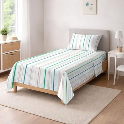 Ruggeri Completo Letto Singolo, Cotone Tinto in Filo, Righe Pastello Ruggeri Completo Letto Singolo, Cotone Tinto in Filo, Righe Pastello