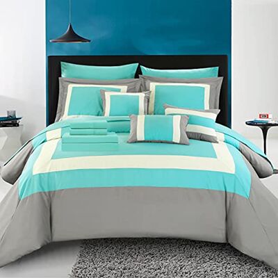 Chic Home Set Completo di Biancheria da Letto con Motivo a Blocchi di Colore, con Lenzuola e Cuscini Decorativi, federe Incluse, Poliestere, Turchese, Queen Size Chic Home Set Completo di Biancheria da Letto con Motivo a Blocchi di Colore, con Lenzuola e Cuscini Decorativi, federe Incluse, Poliestere, Turchese, Queen Size