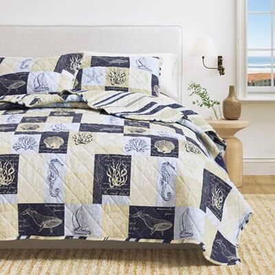 Great Bay Home Set di biancheria da letto matrimoniale XL, motivo costiero, estivo, con federe, reversibile, per tutte le stagioni, set di biancheria da letto per tutte le stagioni, copriletto Great Bay Home Set di biancheria da letto matrimoniale XL, motivo costiero, estivo, con federe, reversibile, per tutte le stagioni, set di biancheria da letto per tutte le stagioni, copriletto
