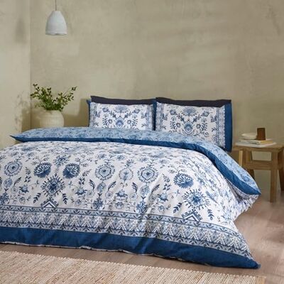 Catherine Lansfield Zoukara Set copripiumino singolo reversibile con federa, motivo floreale, colore: blu Catherine Lansfield Zoukara Set copripiumino singolo reversibile con federa, motivo floreale, colore: blu