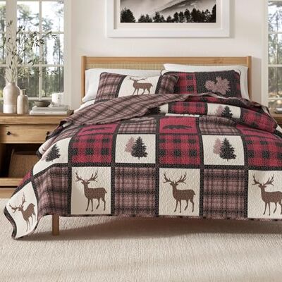 Great Bay Home Lodge Copriletto king size con 2 federe, 3 pezzi, reversibile, per tutte le stagioni, collezione Stonehurst, colore: rosso/nero Great Bay Home Lodge Copriletto king size con 2 federe, 3 pezzi, reversibile, per tutte le stagioni, collezione Stonehurst, colore: rosso/nero