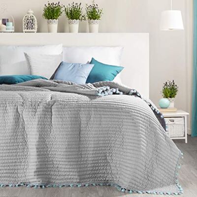 Eurofirany Copriletto trapuntato 170 x 210 cm 220 x 240 cm Kendal, grigio e blu menta, con frange (argento, 220 x 240 cm), in plastica Eurofirany Copriletto trapuntato 170 x 210 cm 220 x 240 cm Kendal, grigio e blu menta, con frange (argento, 220 x 240 cm), in plastica