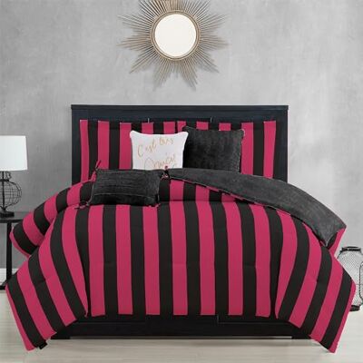 Juicy Couture Cabana Set di biancheria da letto double-face, per letto matrimoniale, con stampa a righe nere e fucsia, 6 pezzi, include 1 piumino da 228,6 x 228,6 cm, 3 cuscini decorativi, 2 federe Juicy Couture Cabana Set di biancheria da letto double-face, per letto matrimoniale, con stampa a righe nere e fucsia, 6 pezzi, include 1 piumino da 228,6 x 228,6 cm, 3 cuscini decorativi, 2 federe