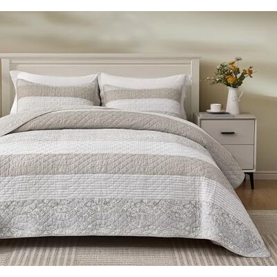 Chezmoi Collection Robyn, set di 2 pezzi con trapunta trapuntata a righe con fiori di ibisco e fiori di ibisco, in cotone prelavato, copriletto leggero reversibile, misura doppia Chezmoi Collection Robyn, set di 2 pezzi con trapunta trapuntata a righe con fiori di ibisco e fiori di ibisco, in cotone prelavato, copriletto leggero reversibile, misura doppia