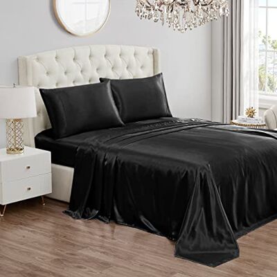 Juicy Couture Set di lenzuola effetto raso per letto queen size, angoli profondi, 1 lenzuolo con angoli, 1 lenzuolo di sopra e 2 federe, anti-pieghe e pelucchi, nero Juicy Couture Set di lenzuola effetto raso per letto queen size, angoli profondi, 1 lenzuolo con angoli, 1 lenzuolo di sopra e 2 federe, anti-pieghe e pelucchi, nero