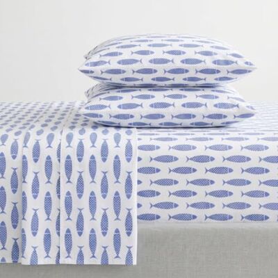 Nautica Lenzuola Queen, Set di biancheria da letto in percalle di cotone, fresco e fresco, decorazione per la casa costiera (Woodblock Fish Blue, Queen) Nautica Lenzuola Queen, Set di biancheria da letto in percalle di cotone, fresco e fresco, decorazione per la casa costiera (Woodblock Fish Blue, Queen)