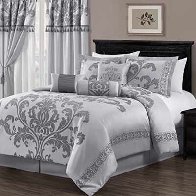 Chezmoi Collection Royale Set copripiumino in tessuto jacquard, motivo floreale, 7 pezzi, per letto queen size extralarge, colore: argento/grigio Chezmoi Collection Royale Set copripiumino in tessuto jacquard, motivo floreale, 7 pezzi, per letto queen size extralarge, colore: argento/grigio