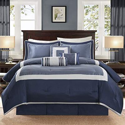 Madison Park Biancheria da letto di lusso alternativa con federe abbinate, cuscini decorativi, poliestere, Genevieve, Navy, Queen, 228,6 x 228,6 cm Madison Park Biancheria da letto di lusso alternativa con federe abbinate, cuscini decorativi, poliestere, Genevieve, Navy, Queen, 228,6 x 228,6 cm