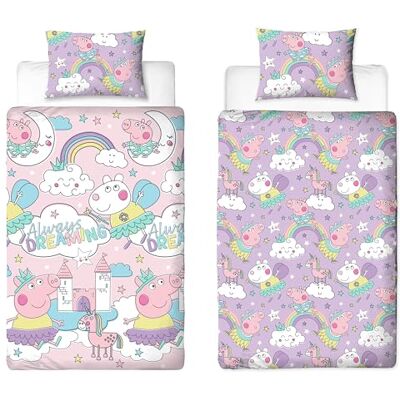 Character World Peppa Pig, set copripiumino per letto singolo, reversibile, double-face, rosa e lilla, con federa coordinata Character World Peppa Pig, set copripiumino per letto singolo, reversibile, double-face, rosa e lilla, con federa coordinata