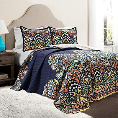 Lush Decor Clara Quilt Set di biancheria da letto reversibile, 3 pezzi, per letto matrimoniale/matrimoniale, colore: blu navy Lush Decor Clara Quilt Set di biancheria da letto reversibile, 3 pezzi, per letto matrimoniale/matrimoniale, colore: blu navy