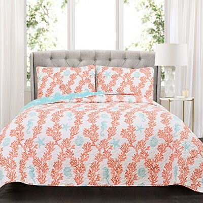 Lush Decor Set copripiumino 3 pezzi, blu/corallo, pieno/regina Lush Decor Set copripiumino 3 pezzi, blu/corallo, pieno/regina