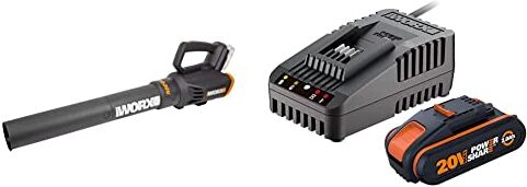 Worx WG547E.9 Soffiatore a batteria 20 V, molto potente con tecnologia a turbina, doppia velocità & WA3601 Kit 1 Carica Batteria Rapido + 1 Batteria Power Share 20V/2.0Ah agli Ioni di Litio