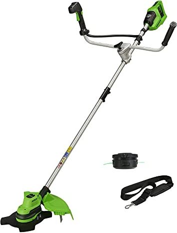 GreenWorks 48V(2x24V)Decespugliatore a Batteria con Motore Brushless,Imbracatura,Manubrio, Ampiezza di Taglio38cm,Filo Nylon2mm,Lama 25cm SENZA 2 Batterie 24V e Caricabatterie, Garanzia 3Anni GD24X2BCB