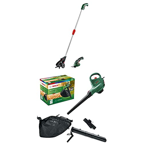 Bosch Isio Set di forbici per erba a batteria (3,6 V, distanza lame: 8 mm, nella scatola) & Soffiatore/Aspiratore Elettrico Universalgardentidy 3000, 3000 W, Sacco Di Raccolta Da 50 L, Verde