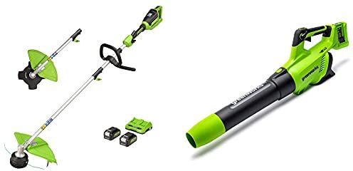 GreenWorks Tools Tagliabordi a Batteria (Li-Ion 2X24 V 5600 Giri/Min, 2 Batterie) + Soffiatore Assiale a Batteria, Senza Batteria e Caricatore