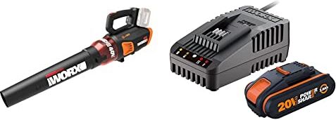 Worx WG584E.9 Soffiatore con motore Brushless da 40 V (2 x 20 V), (solo corpo macchina) & WA3601 Kit 1 Carica Batteria Rapido + 1 Batteria Power Share 20V/2.0Ah agli Ioni di Litio